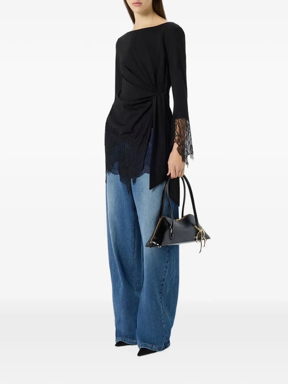 Blumarine Blouse met kanten afwerking en geknoopt detail Zwart