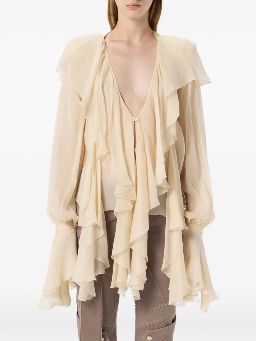 Blumarine Crêpe-de-chine blouse met ruches Beige