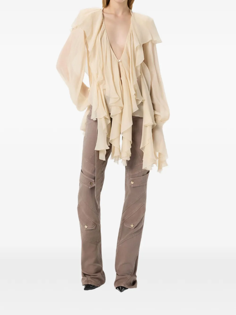 Blumarine Crêpe-de-chine blouse met ruches Beige