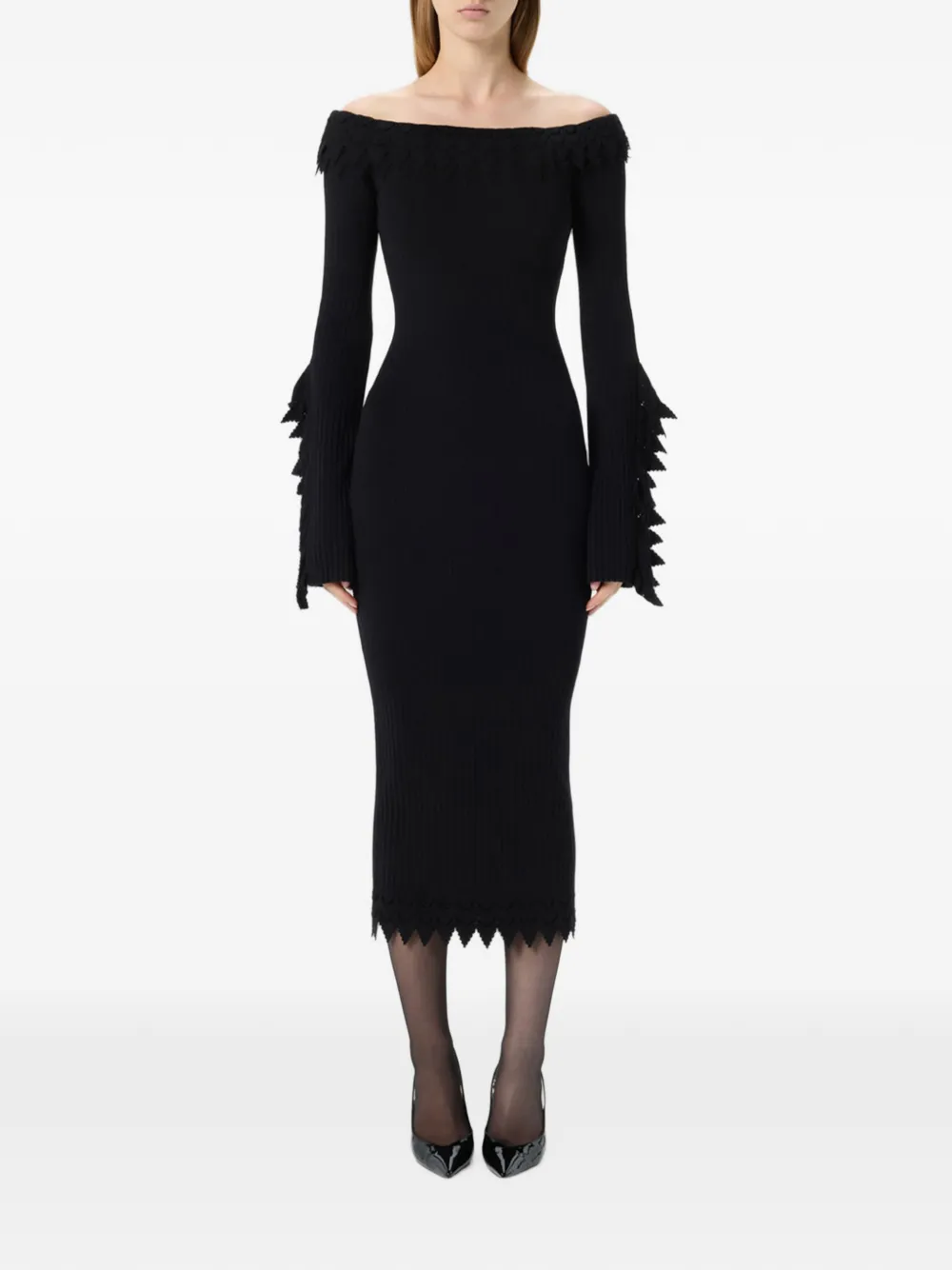 Blumarine Off-shoulder midi-jurk met ruches Zwart
