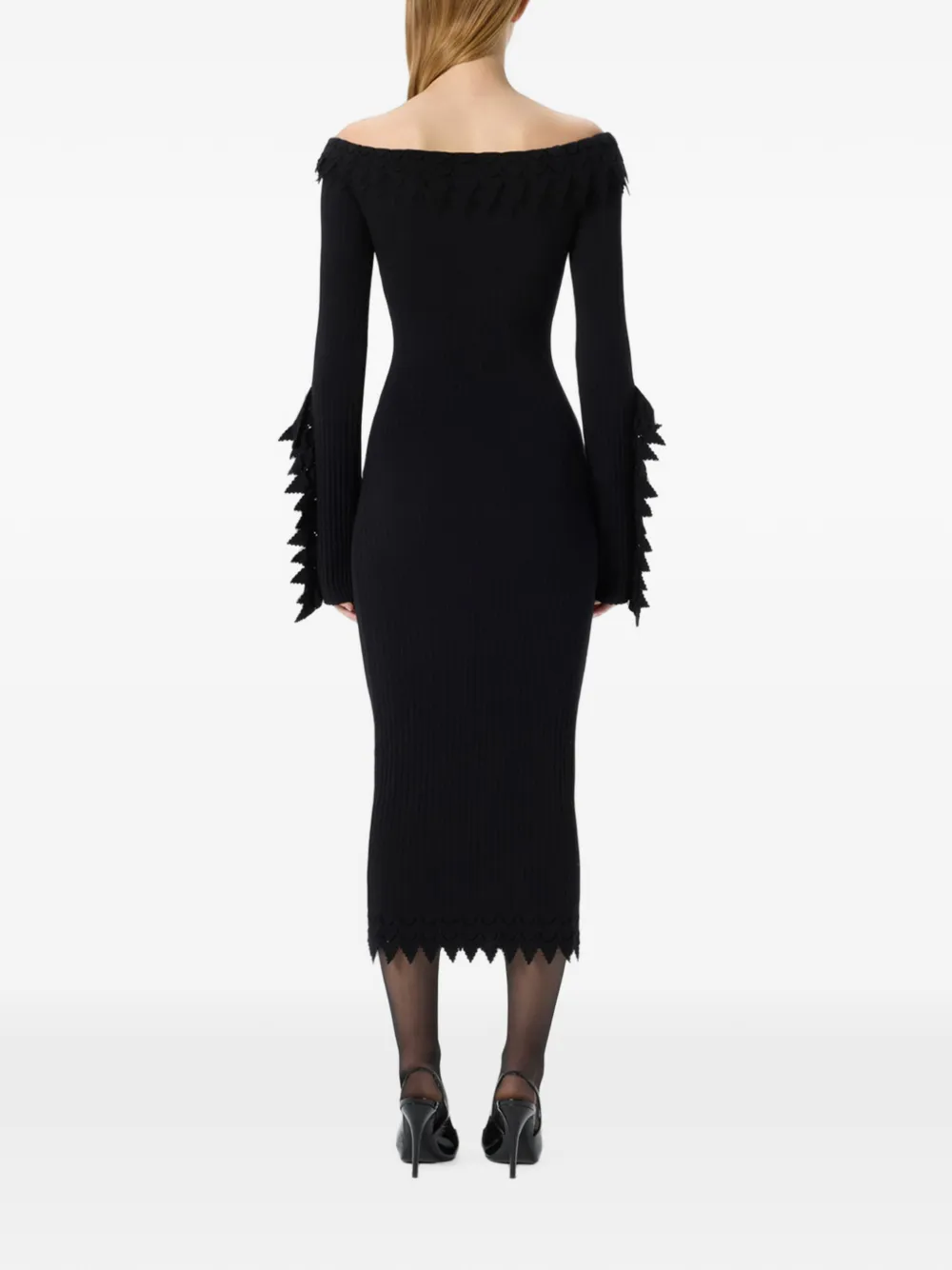 Blumarine Off-shoulder midi-jurk met ruches Zwart