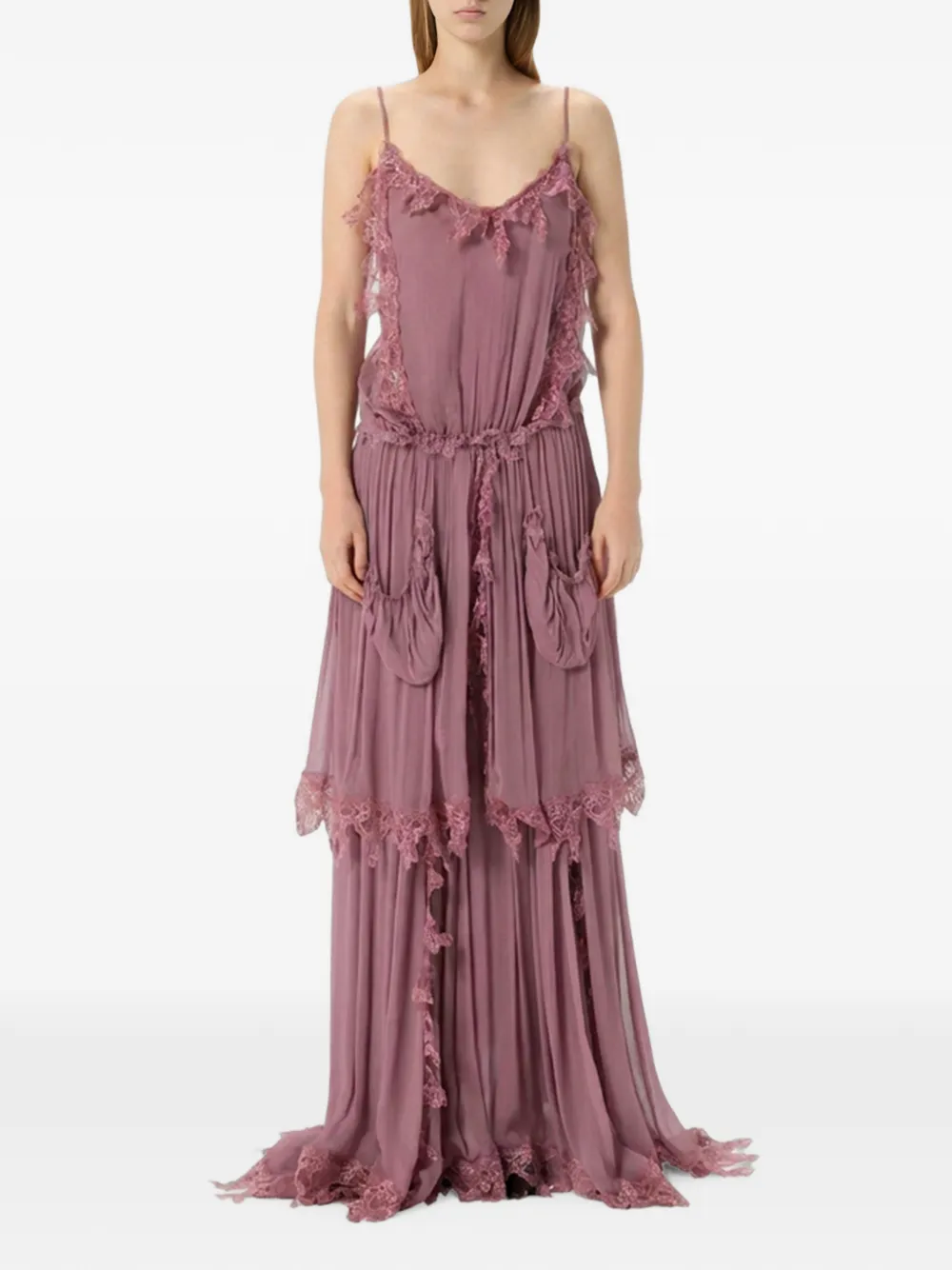 Blumarine Maxi-jurk met V-hals en afwerking van kant Roze