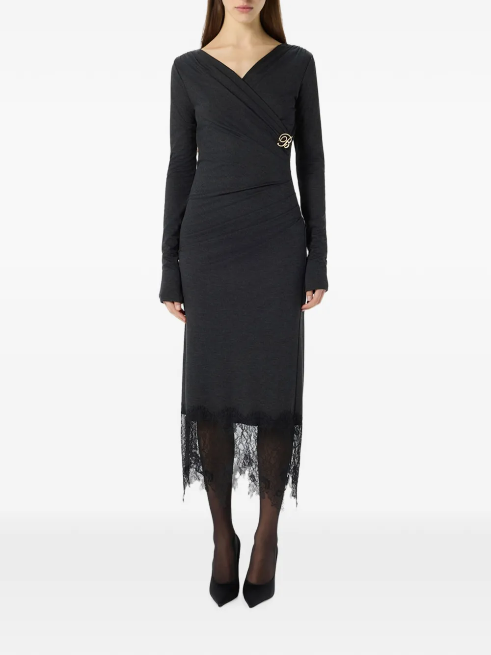 Blumarine Midi-jurk met kanten afwerking en ruches Grijs