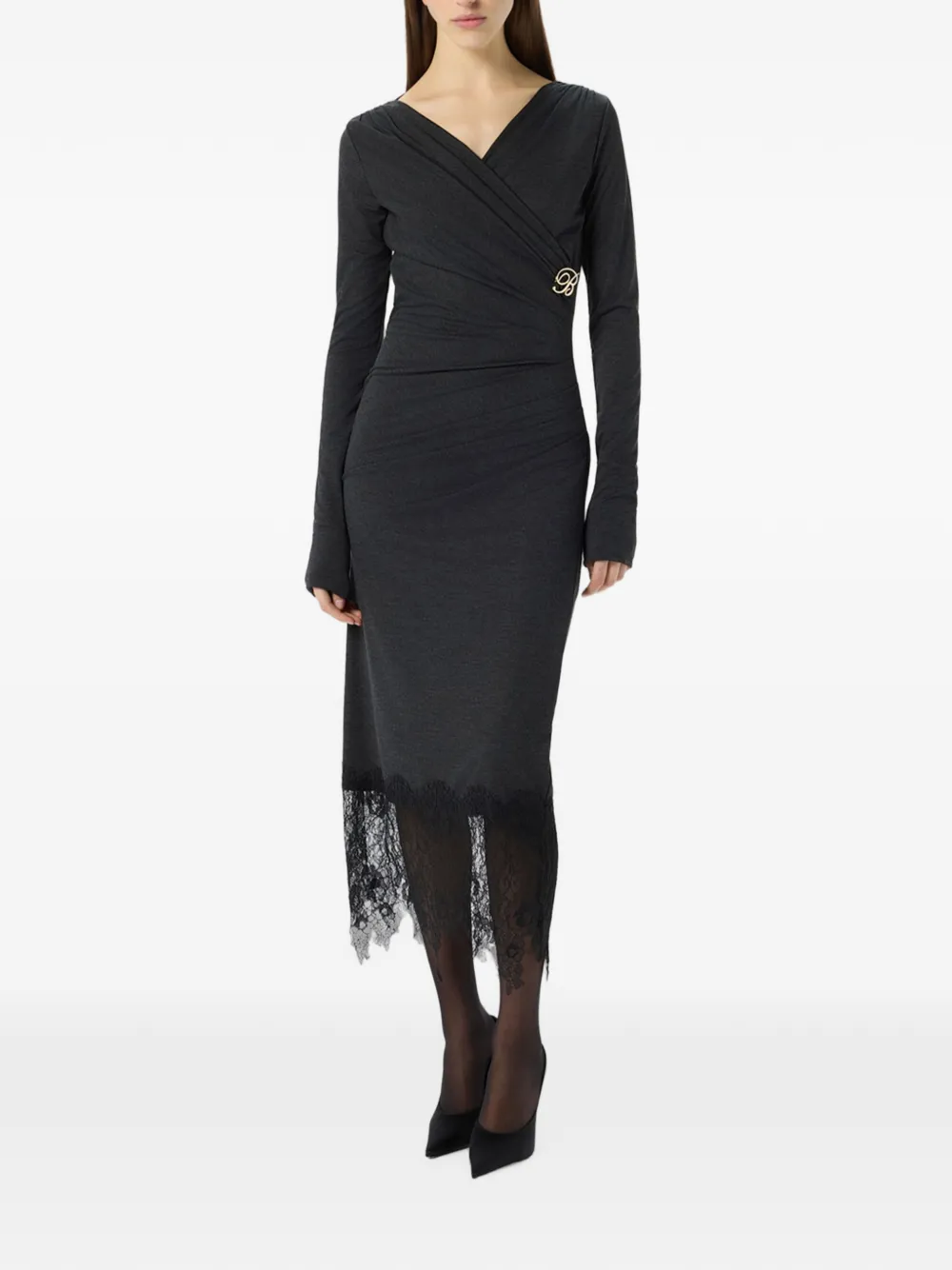 Blumarine Midi-jurk met kanten afwerking en ruches Grijs