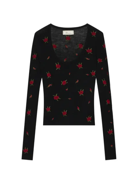 Blumarine suéter tejido de canalé con bordado de rosa