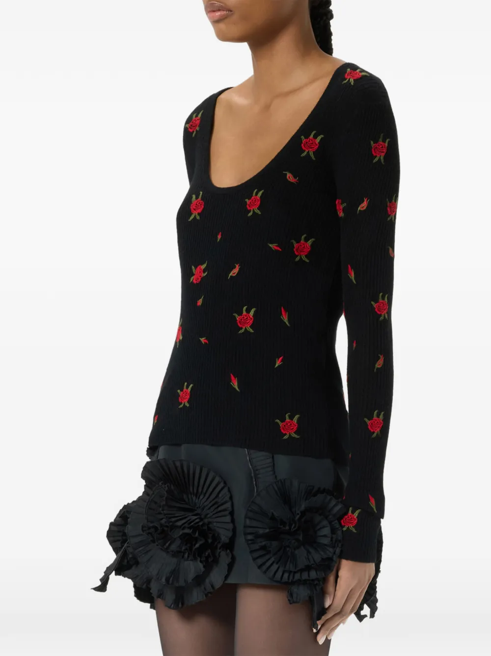 Blumarine Ribgebreide trui met geborduurde roos Zwart