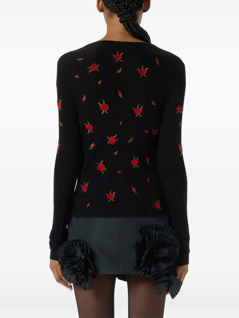 Blumarine Ribgebreide trui met geborduurde roos Zwart