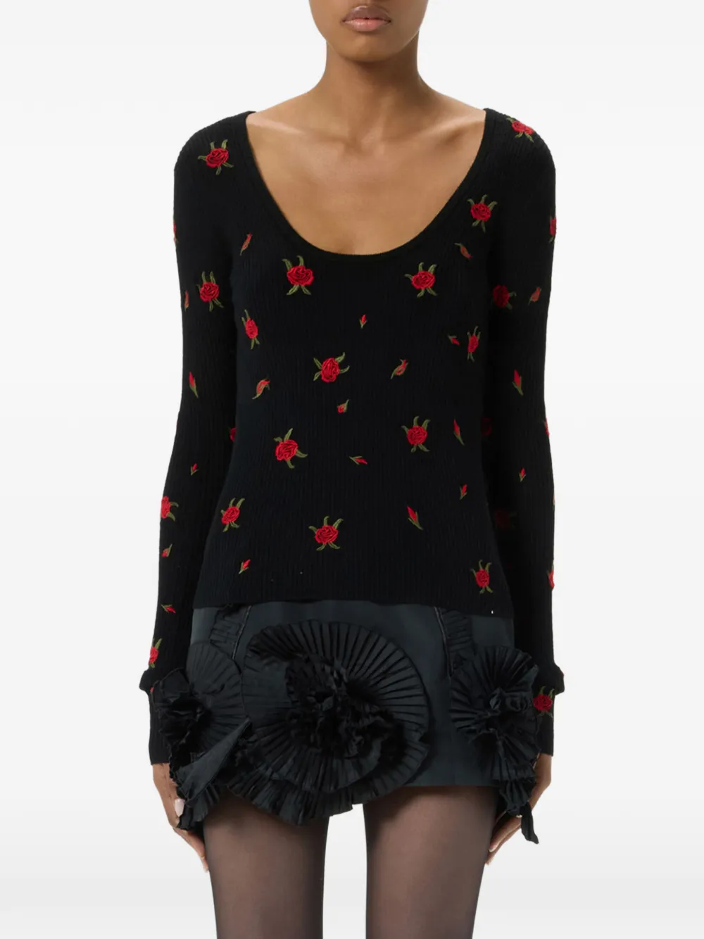 Blumarine Ribgebreide trui met geborduurde roos Zwart
