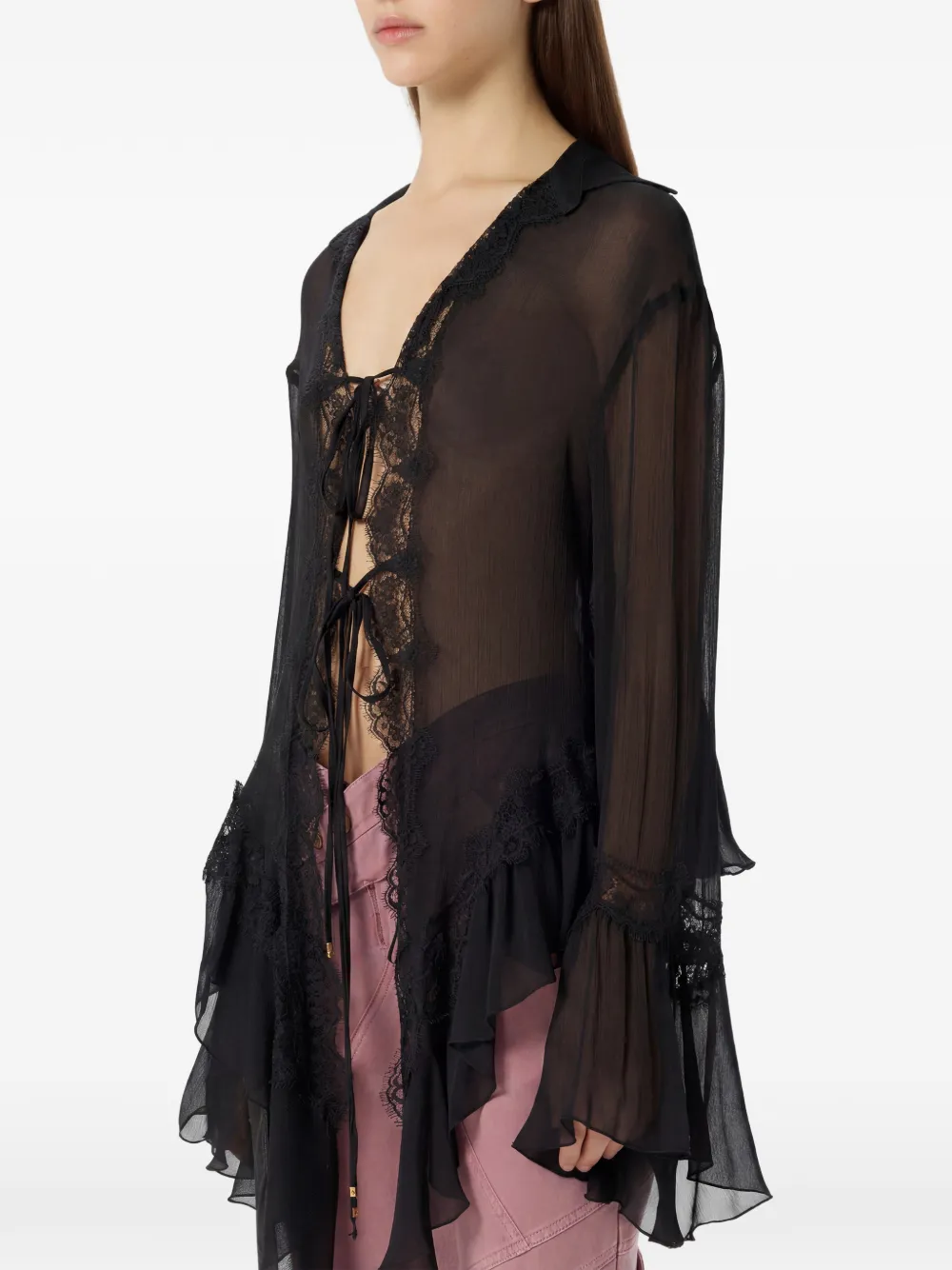 Blumarine Blouse met afwerking van kant en ruches Zwart
