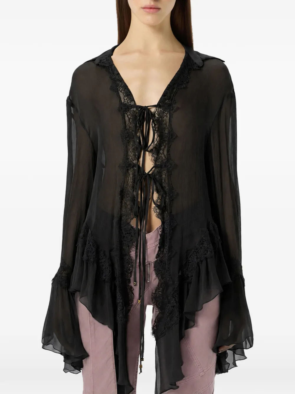 Blumarine Blouse met afwerking van kant en ruches Zwart