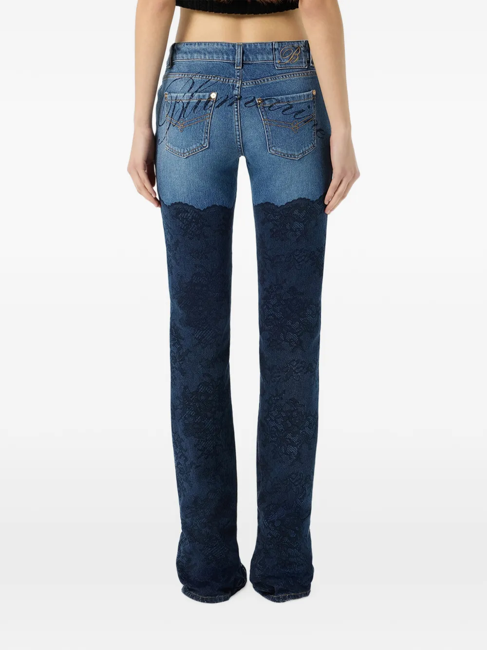 Blumarine Trompe-l'oeil jeans met kanten print Blauw