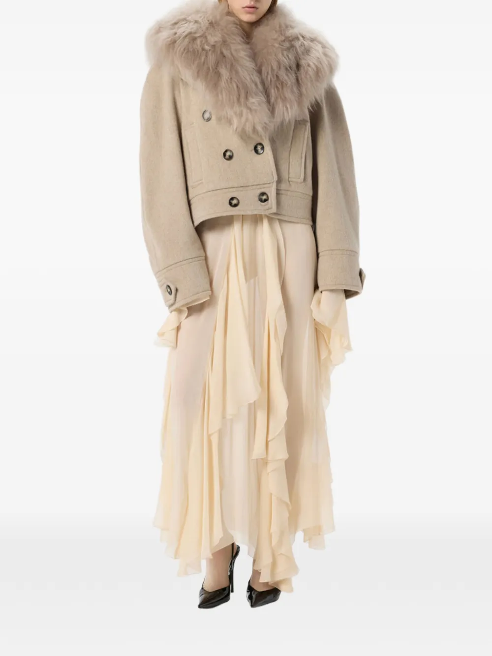 Blumarine Jas met kraag van imitatiebont en dubbele rij knopen Beige