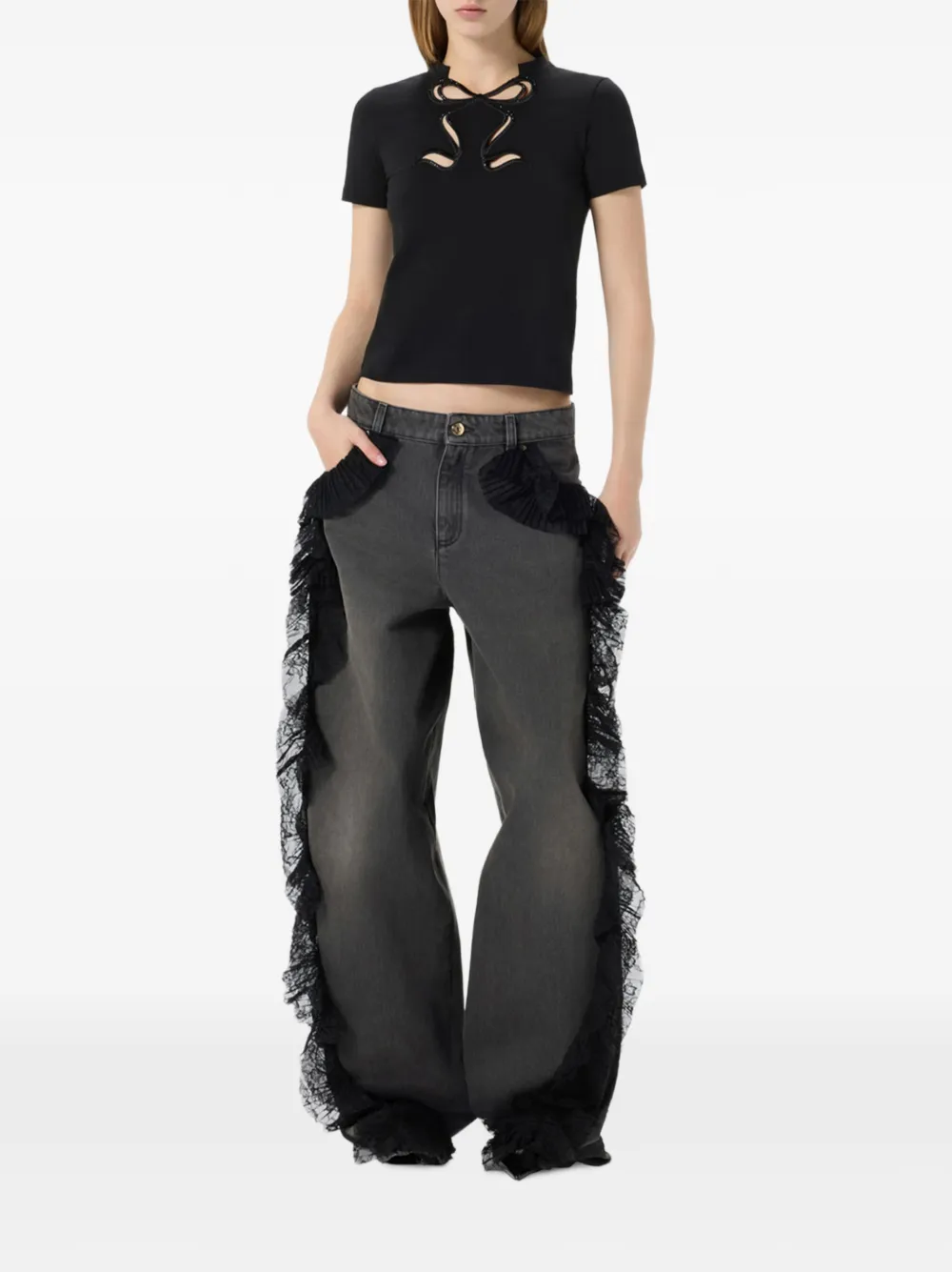 Blumarine Jeans met kanten afwerking en ruches Grijs