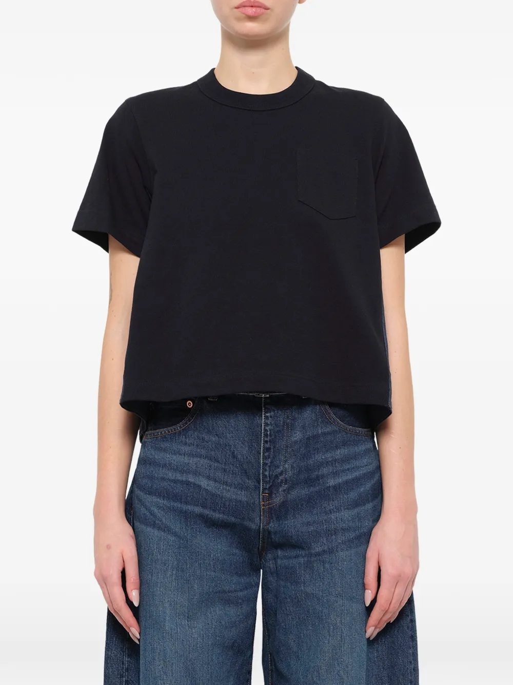 sacai denim-panelled cotton T-shirt Blauw
