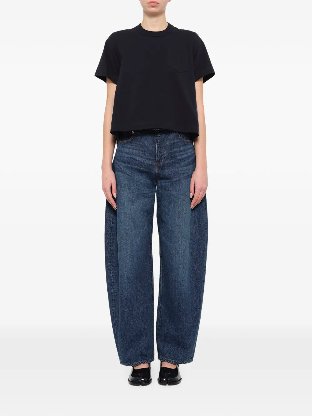 sacai denim-panelled cotton T-shirt Blauw