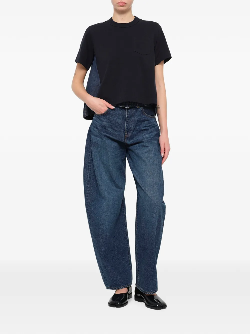 sacai denim-panelled cotton T-shirt Blauw