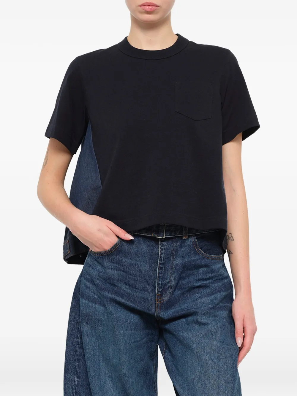 sacai denim-panelled cotton T-shirt Blauw