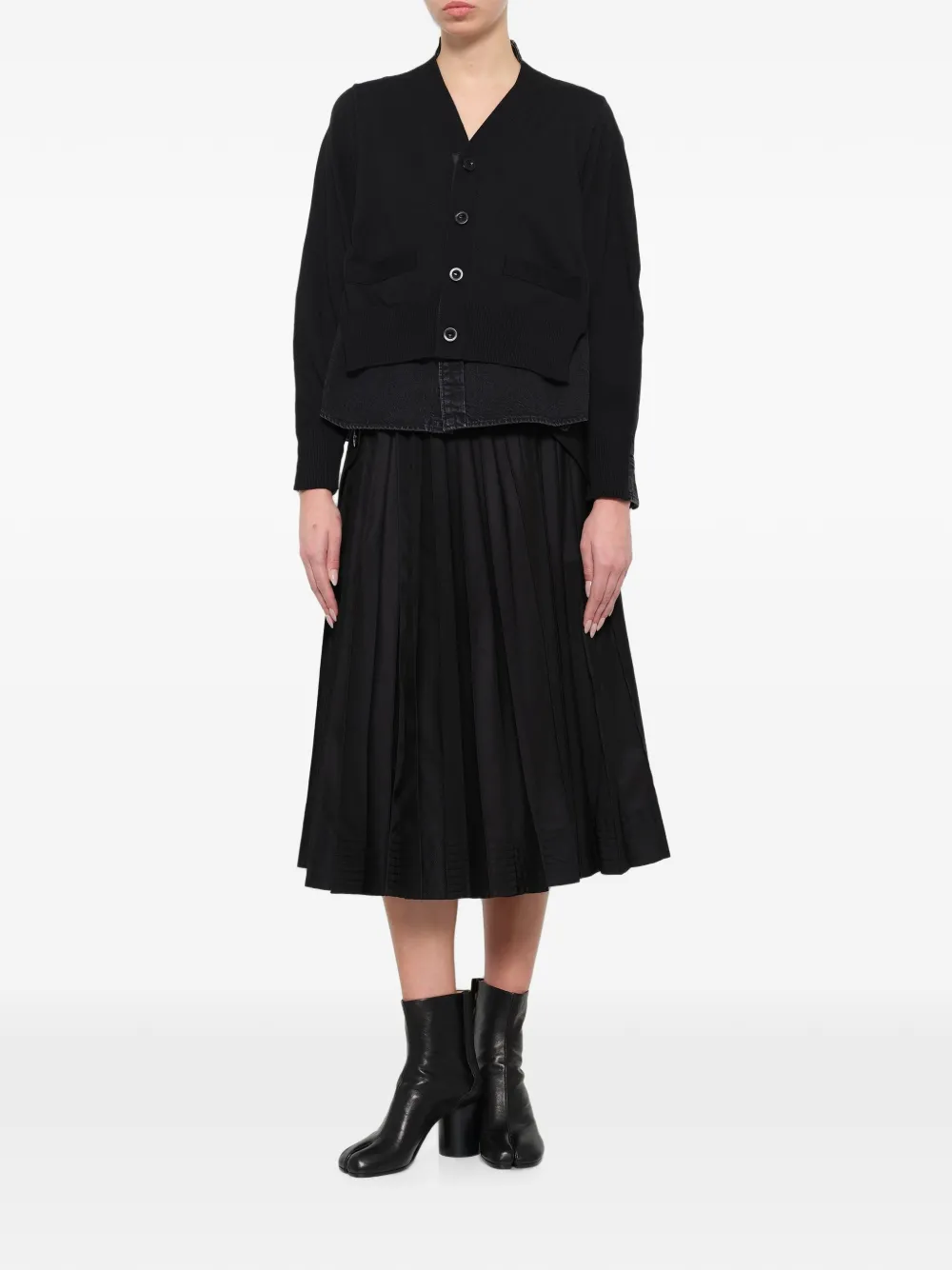 sacai denim-panelled knit cardigan Zwart