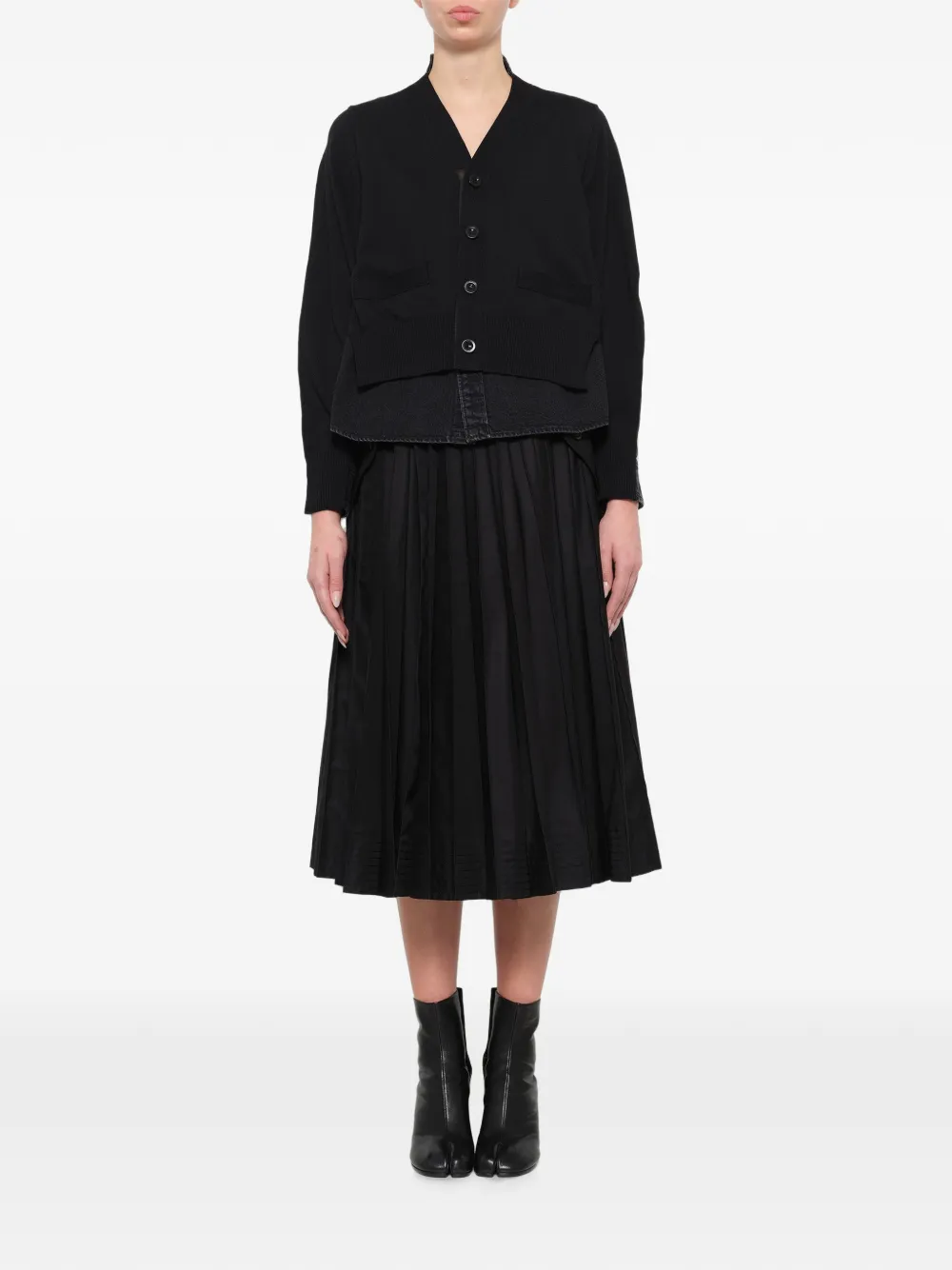 sacai denim-panelled knit cardigan Zwart