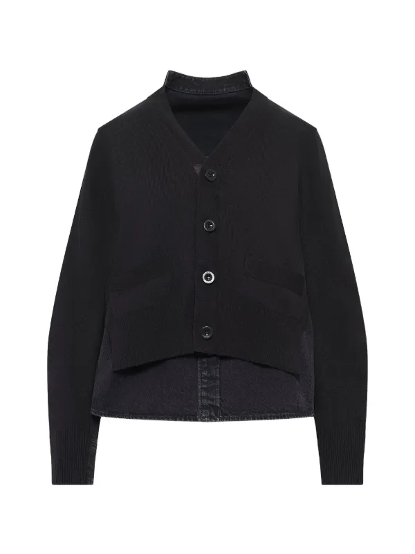 Sacai Denim-panelled Knit Cardigan in Black