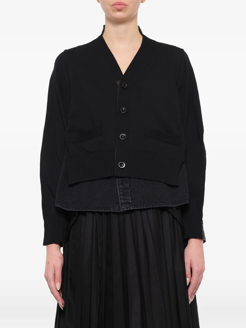 sacai denim-panelled knit cardigan Zwart
