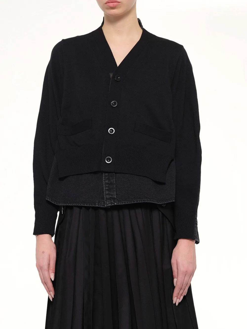 sacai denim-panelled knit cardigan Zwart