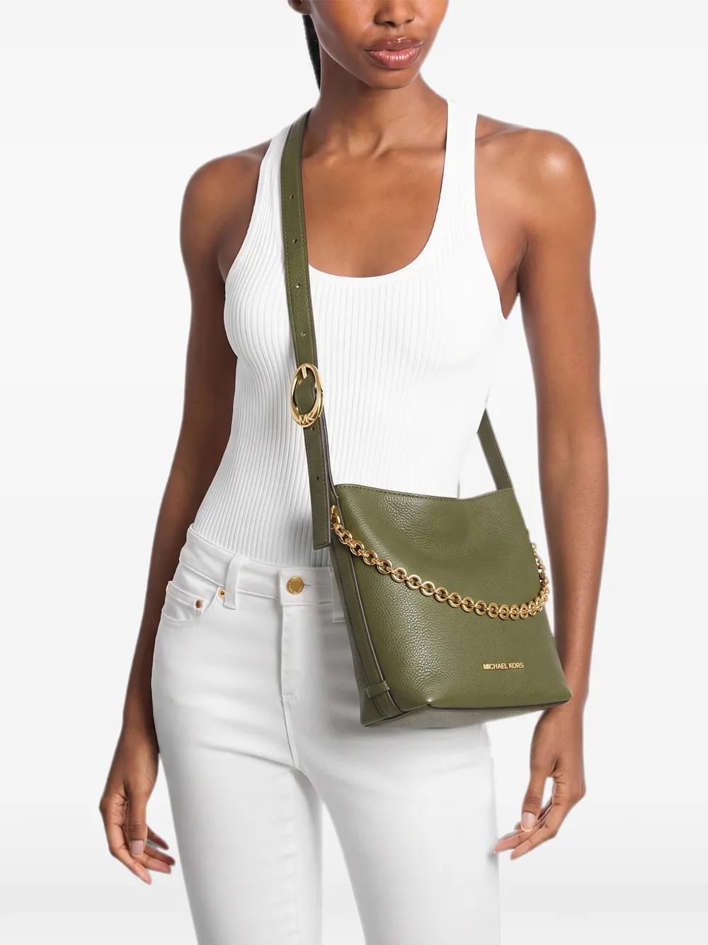 Michael Kors Nolita SM bucket messenger bag with chain Groen