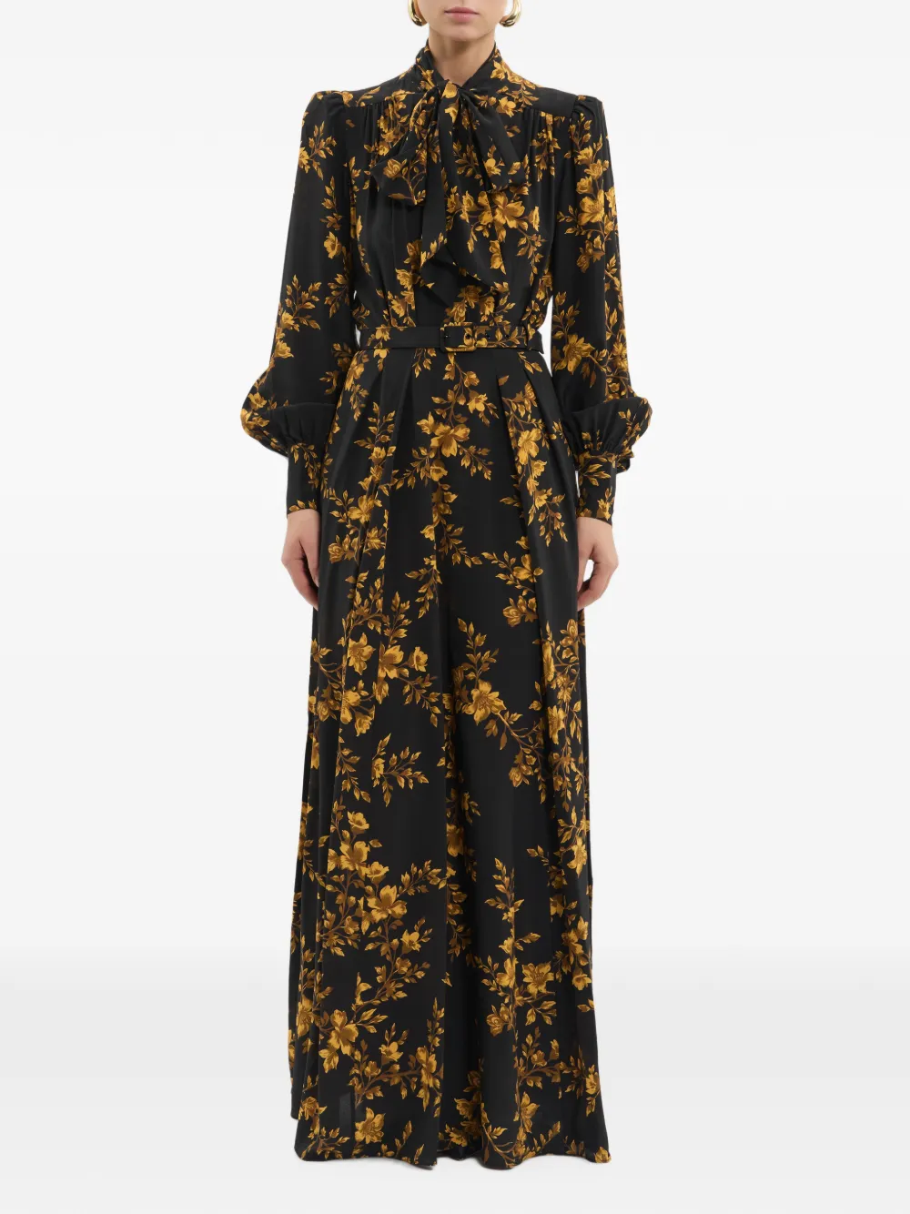 Rebecca Vallance Gilded maxi-jurk met lange mouwen en bloemen-print Zwart