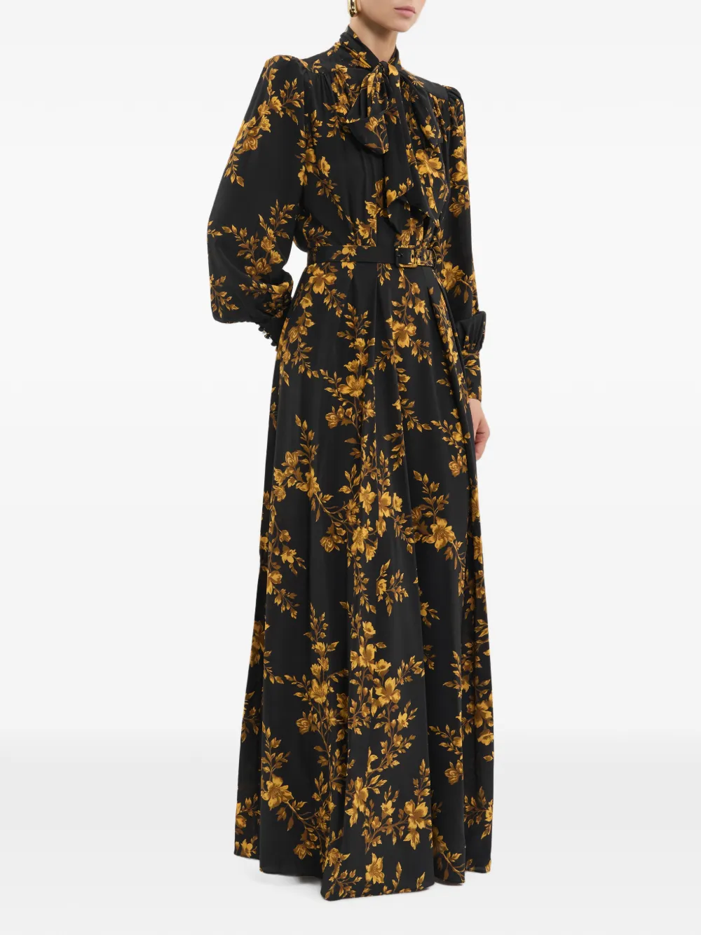 Rebecca Vallance Gilded maxi-jurk met lange mouwen en bloemen-print Zwart