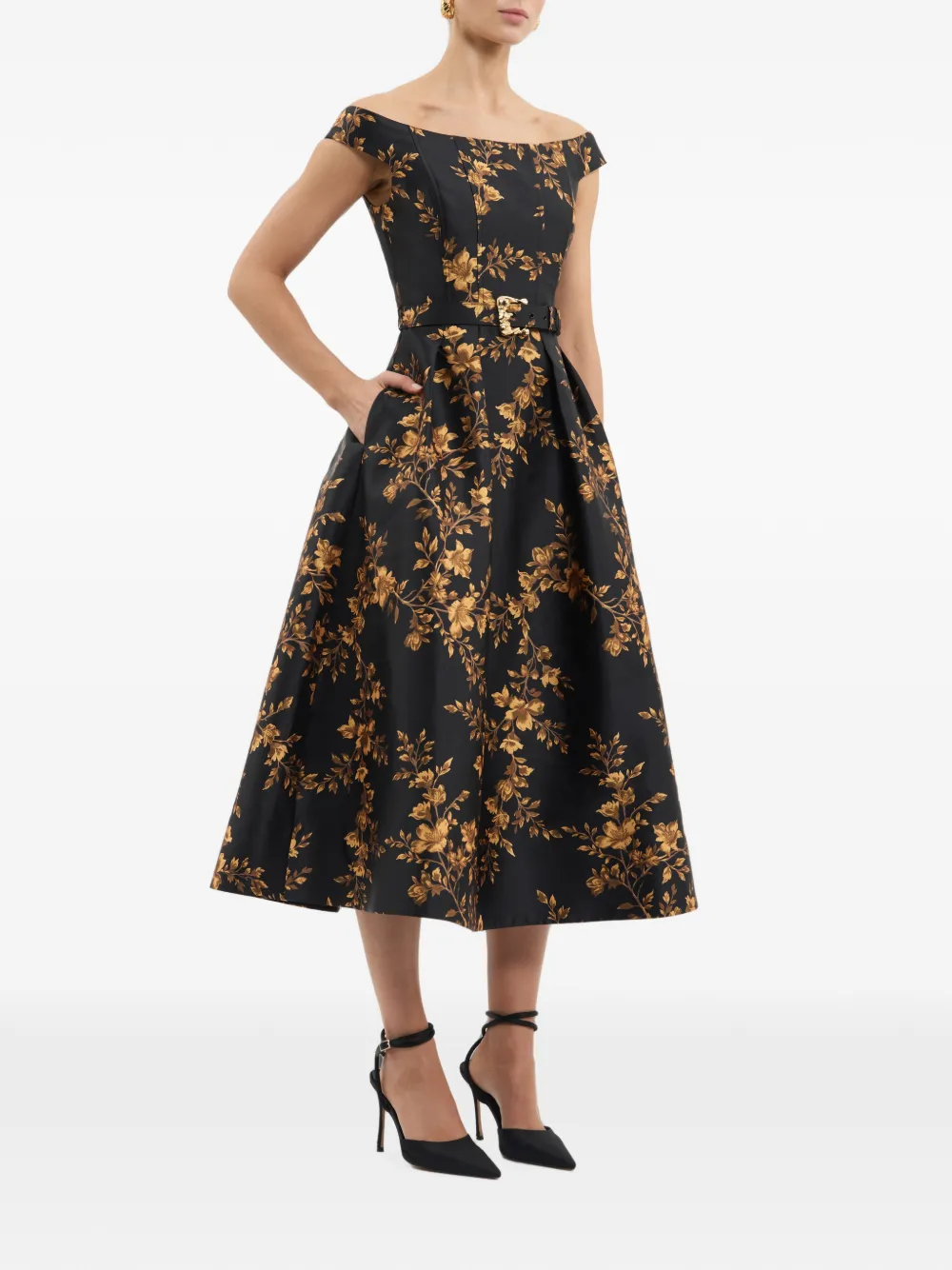 Rebecca Vallance Gilded midi-jurk met bloemen Zwart
