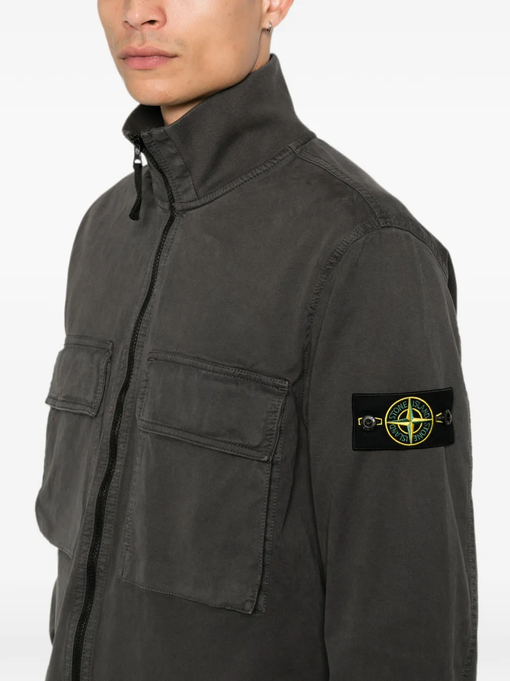 Stone Island Shirtjack met logopatch en rits Grijs