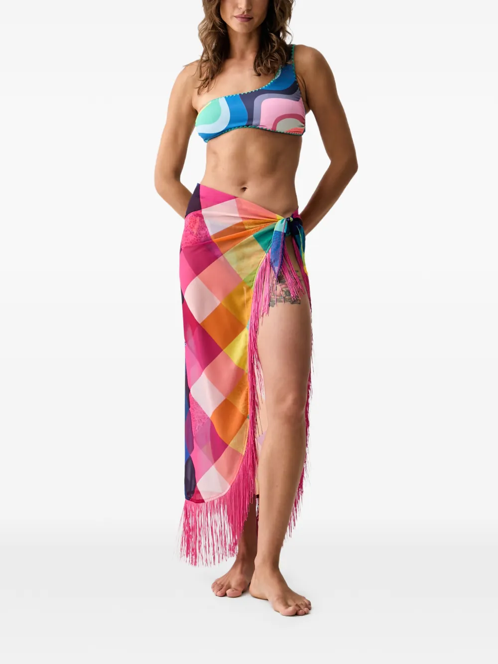 Kurt Geiger London fringe-trim checked sarong Roze
