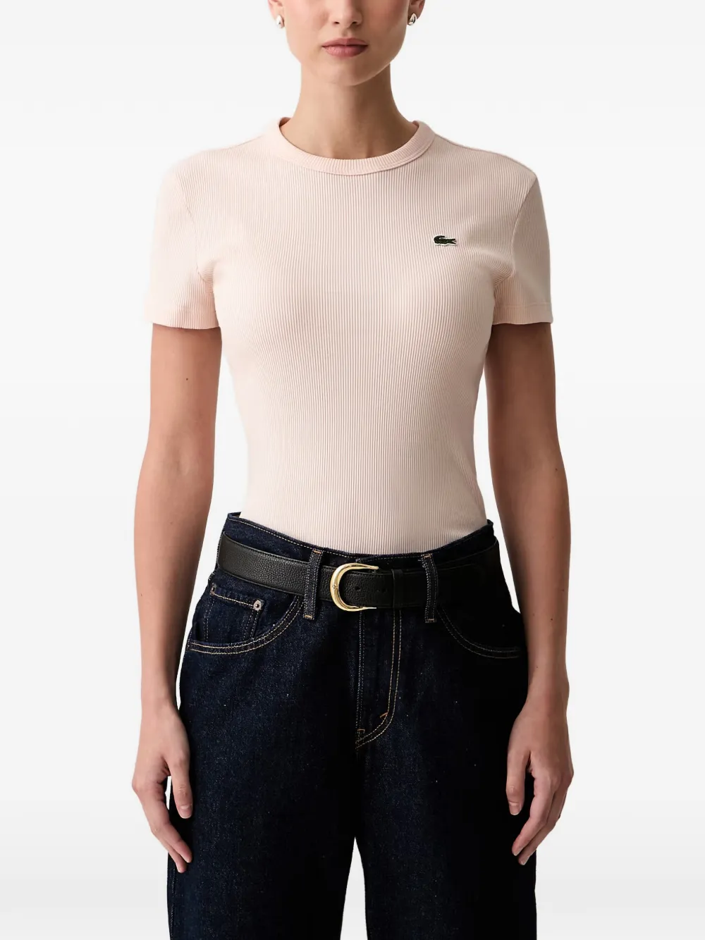 Lacoste ribbed logo-patch T-shirt - Rosa