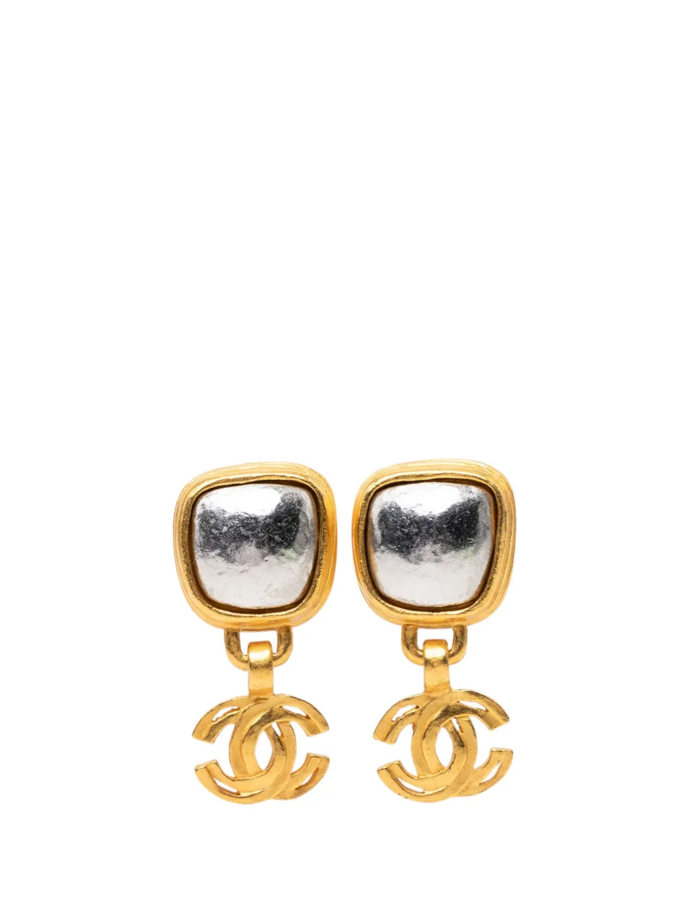 CHANEL Pre-Owned 1997 CC Gold Plated Square Silver Stone Drop Clip On Earrings costume earrings