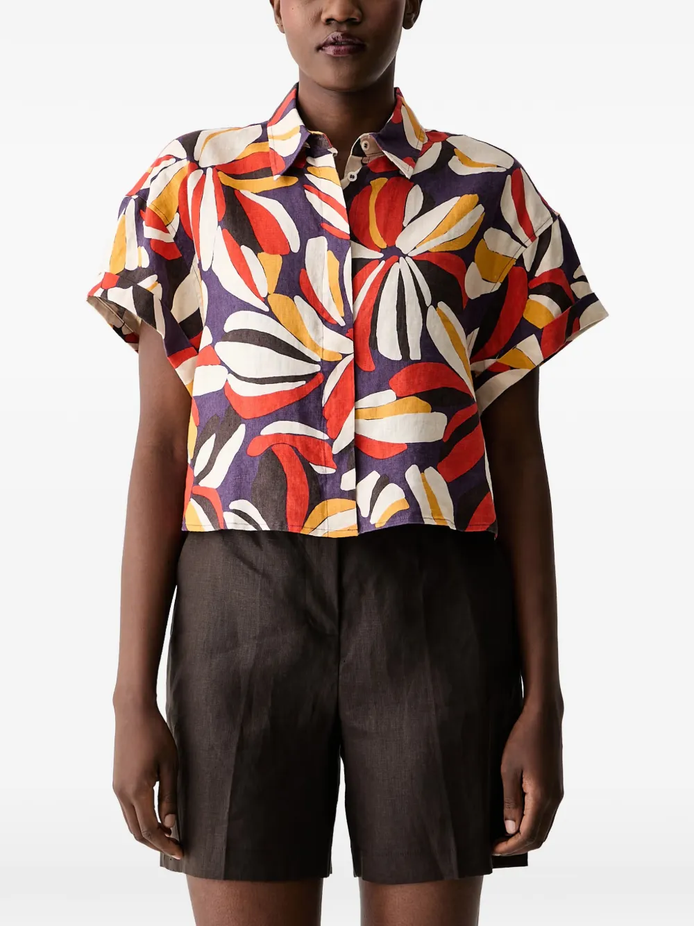Benetton floral-print cropped short-sleeved shirt - Violett