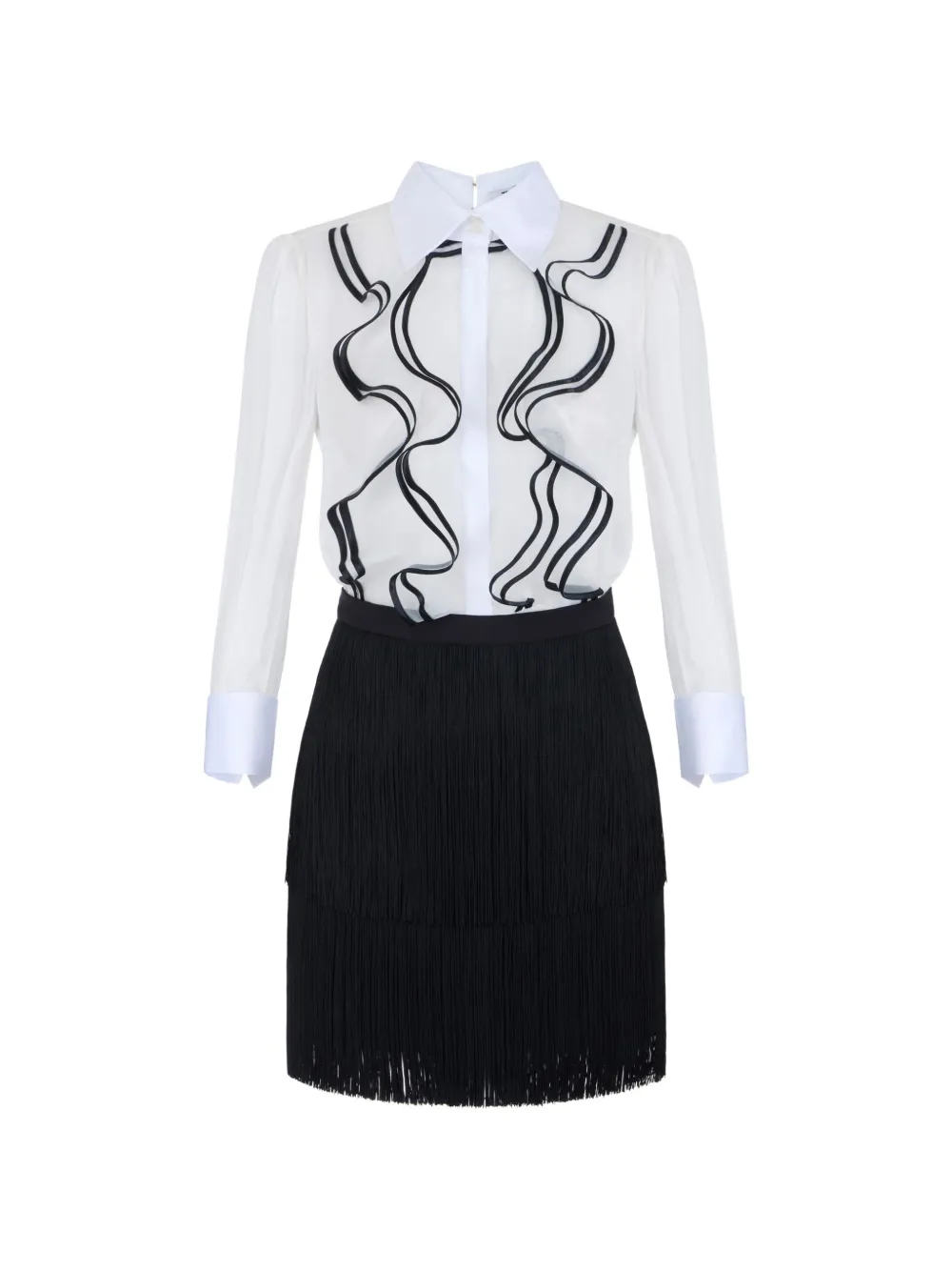 Elisabetta Franchi Abito in georgette con ruches e frange - Bianco