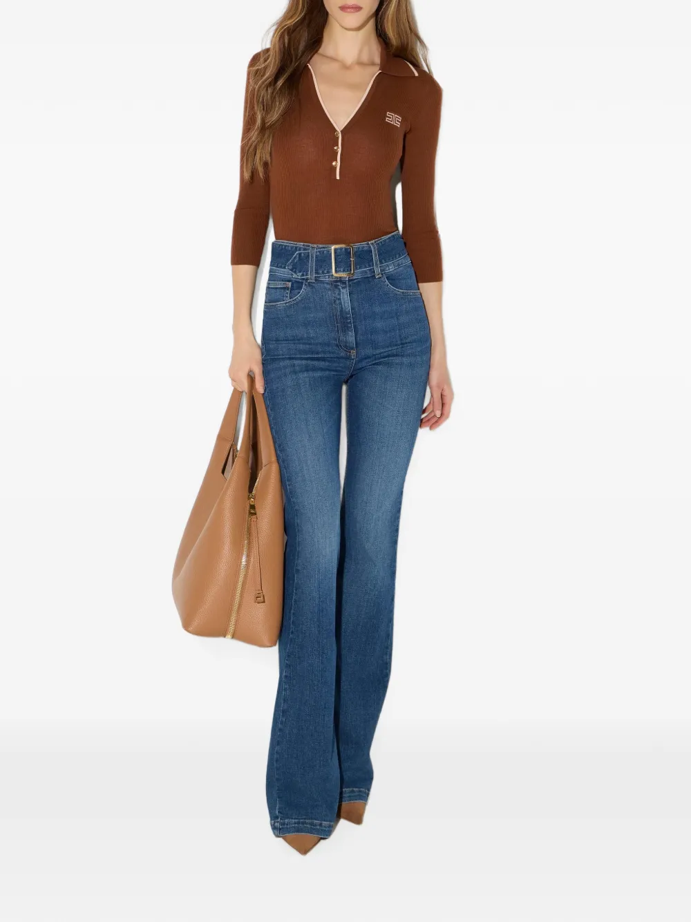Elisabetta Franchi Ribgebreid poloshirt Bruin