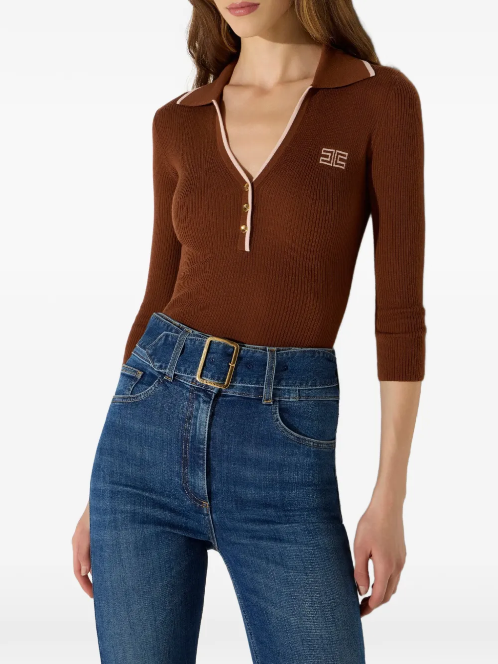 Elisabetta Franchi Ribgebreid poloshirt Bruin