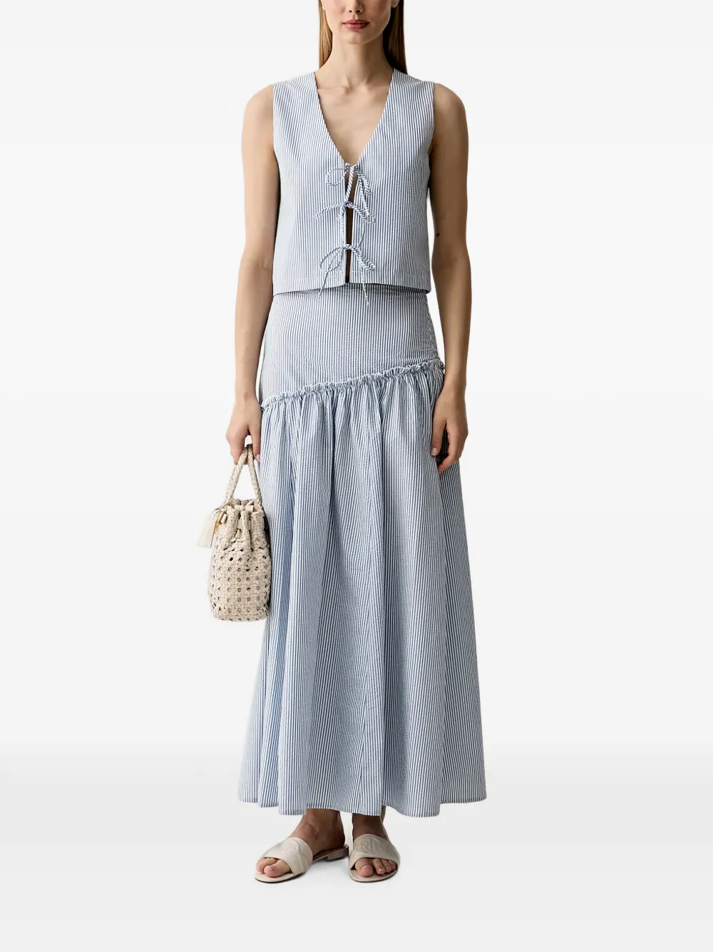 Benetton Gestreepte mouwloze blouse met striksluiting Blauw