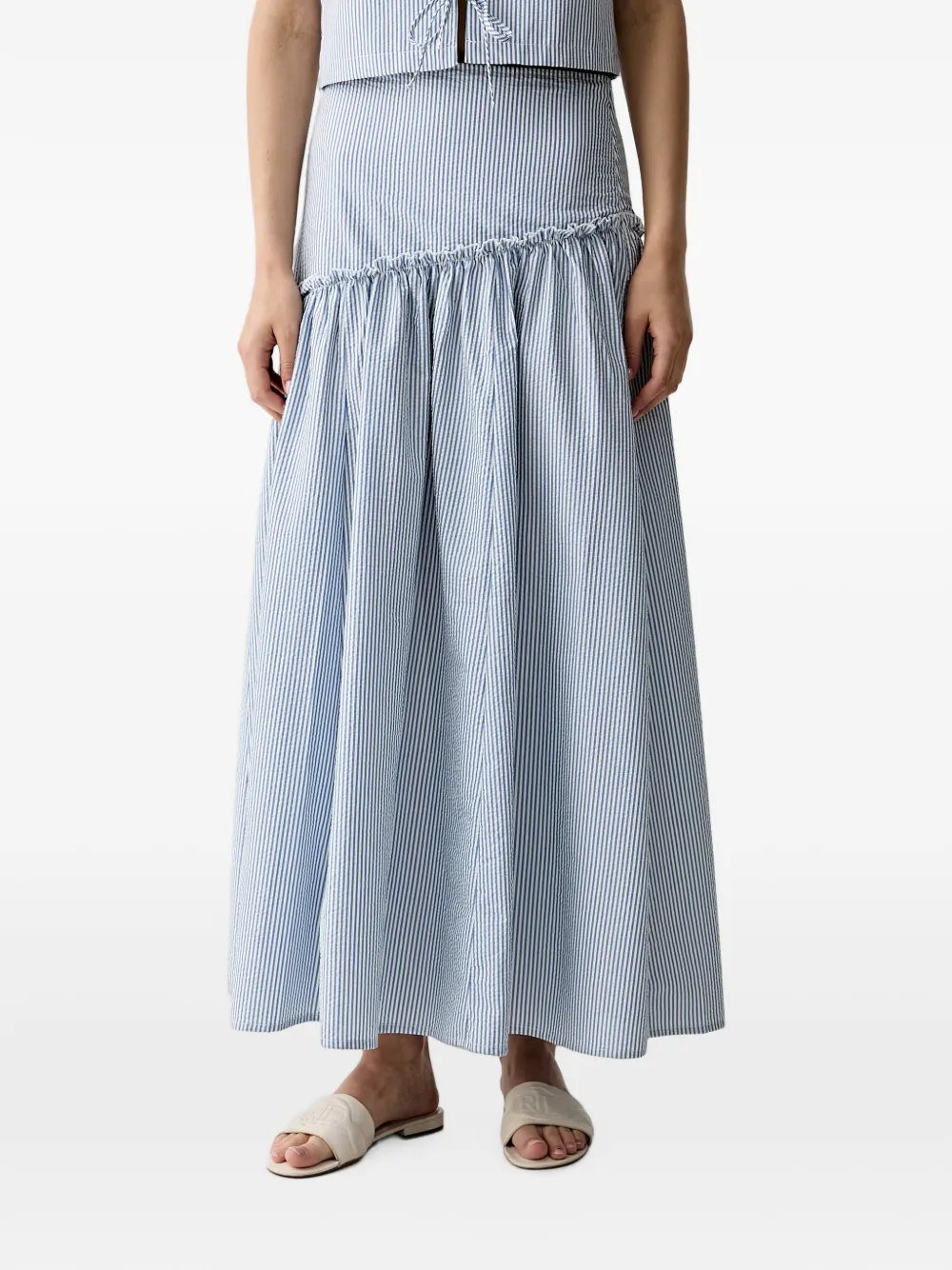 Benetton striped asymmetrical-waist ruffled maxi skirt
