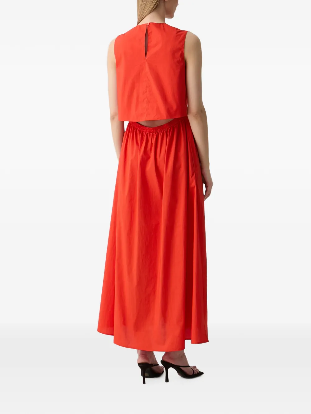 Benetton Mouwloze midi-jurk met gesmockte taille en uitgesneden details Rood