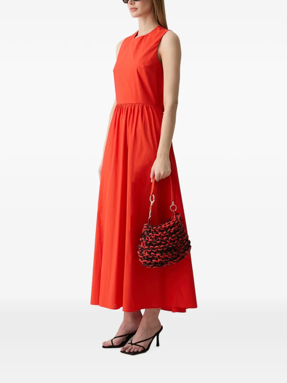 Benetton Mouwloze midi-jurk met gesmockte taille en uitgesneden details Rood