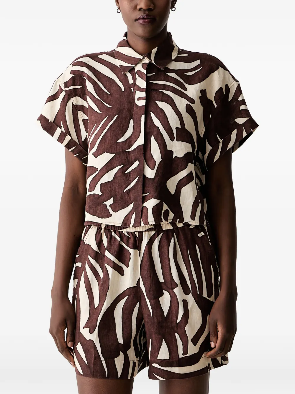 Benetton leaf-print short-sleeve shirt - Braun
