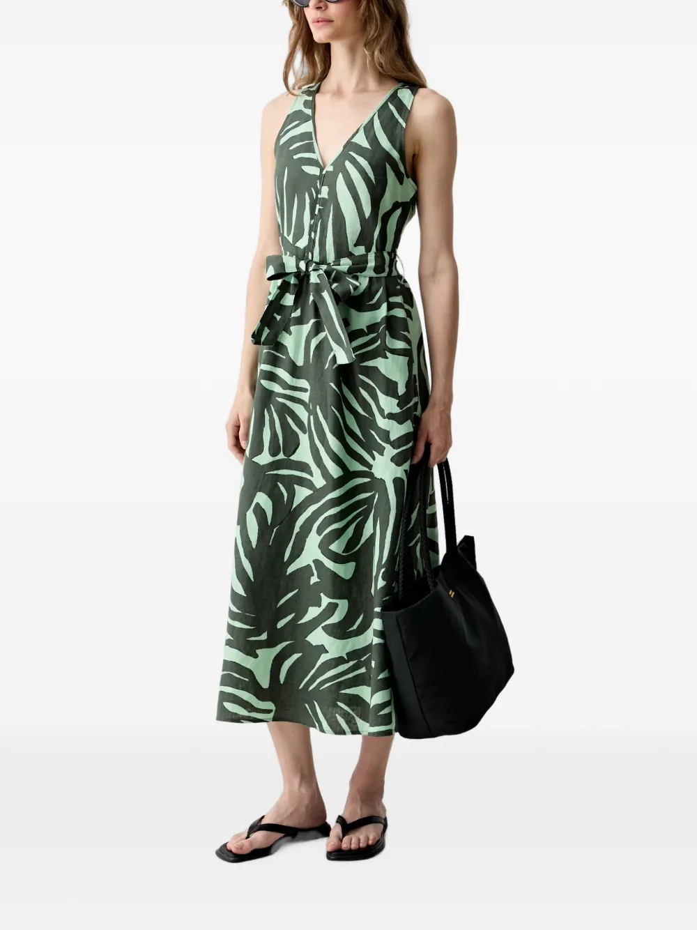 Benetton Midi-jurk met bladerprint en ceintuur Groen