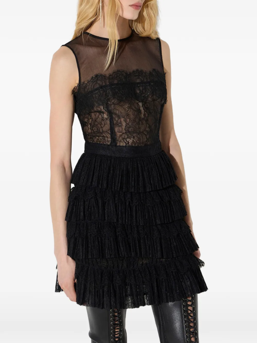 Elisabetta Franchi Mini-jurk met crêpon en bloemenkant Zwart