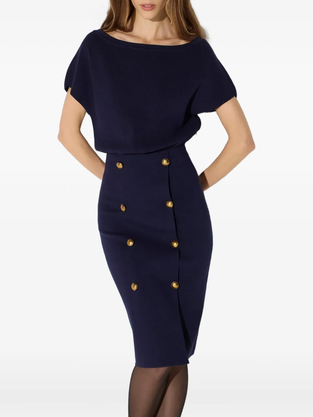Elisabetta Franchi Gebreide jurk met sierknopen Blauw