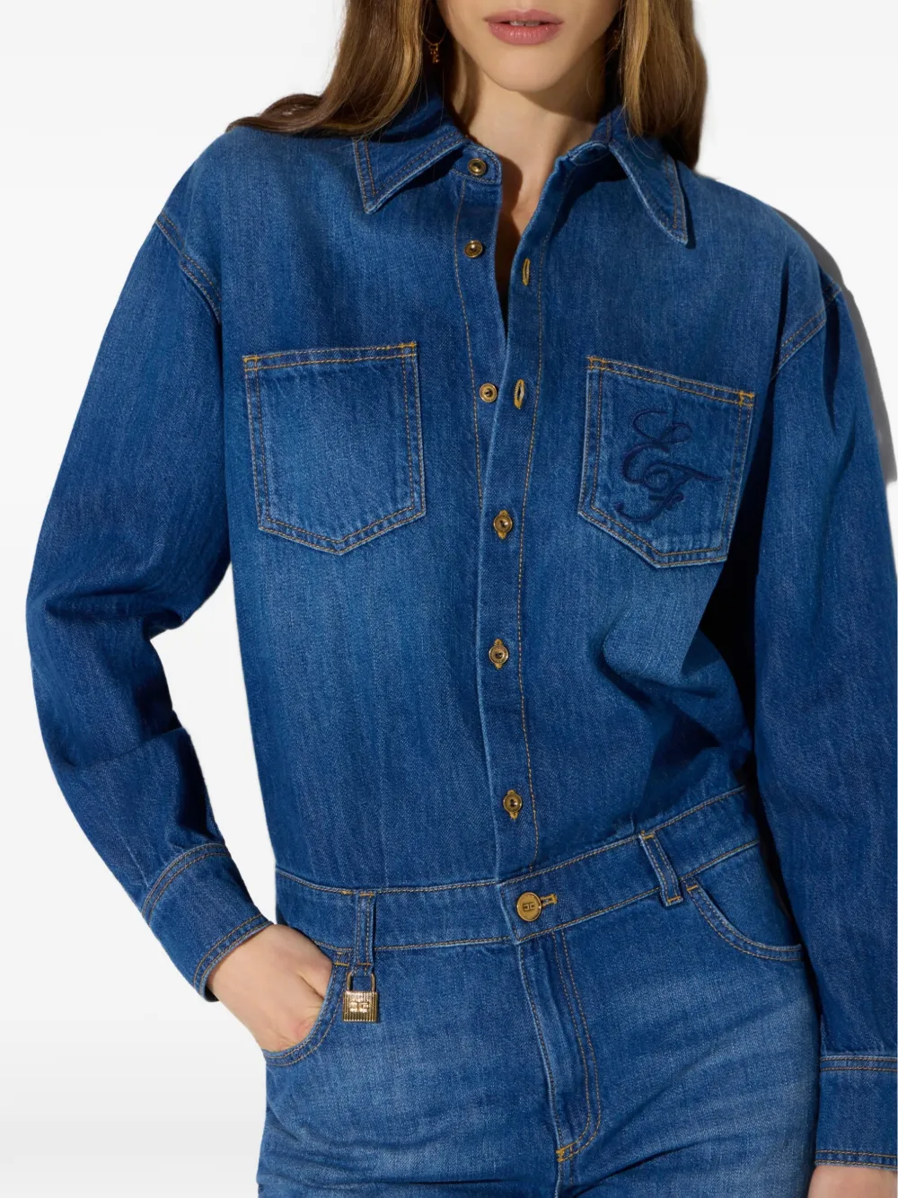 Elisabetta Franchi Denim jumpsuit met hangslot Blauw