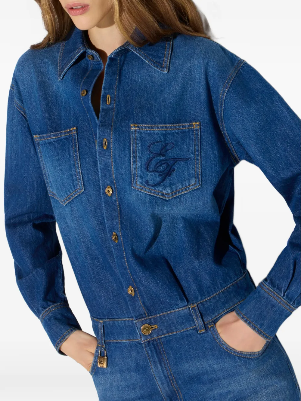 Elisabetta Franchi Denim jumpsuit met hangslot Blauw