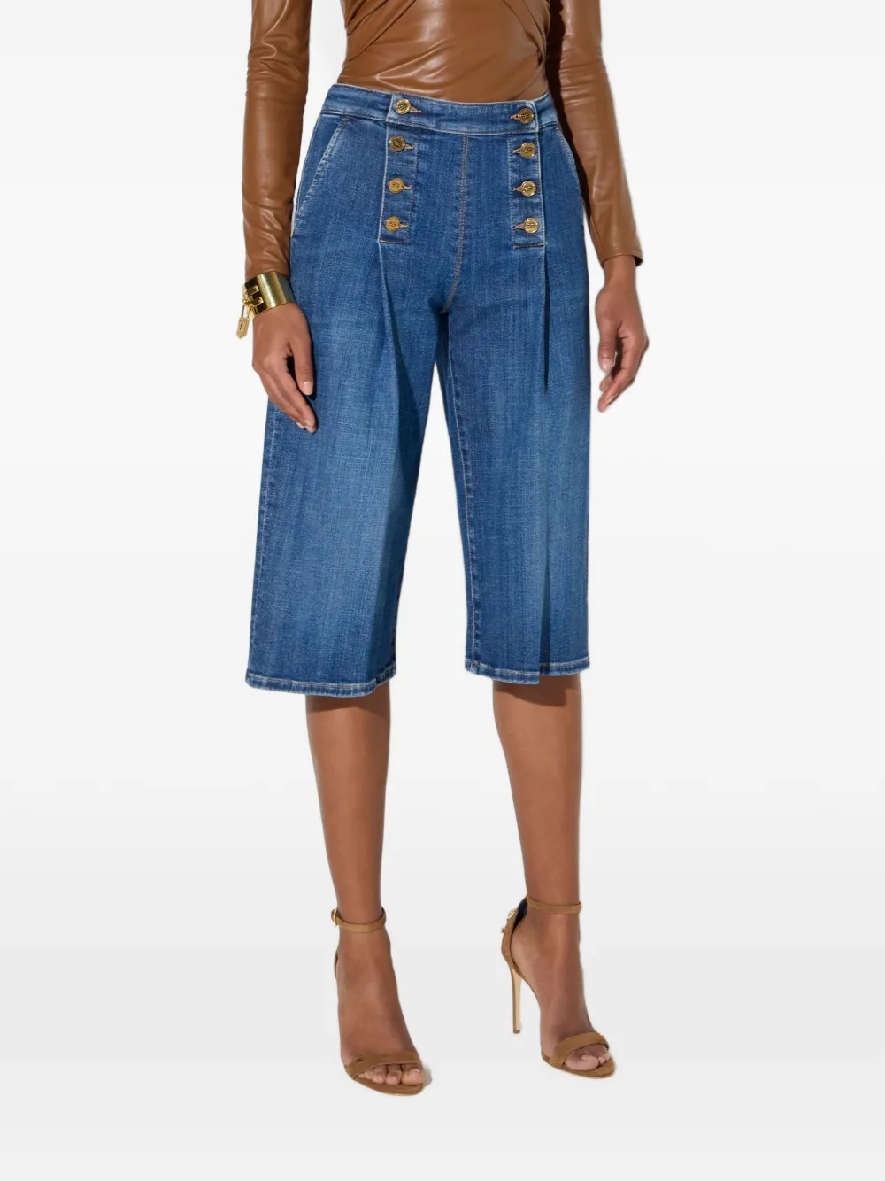 Elisabetta Franchi Denim bermuda shorts met rij knopen Blauw
