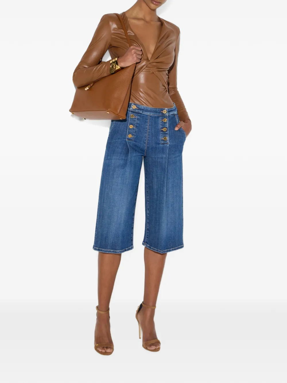 Elisabetta Franchi Denim bermuda shorts met rij knopen Blauw